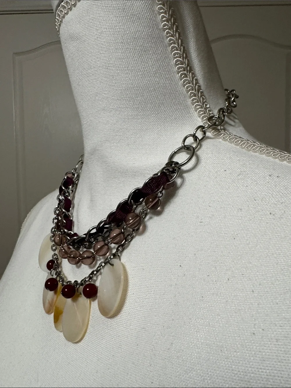 Multi-Strand Shell Disc Necklace with Maroon Accents